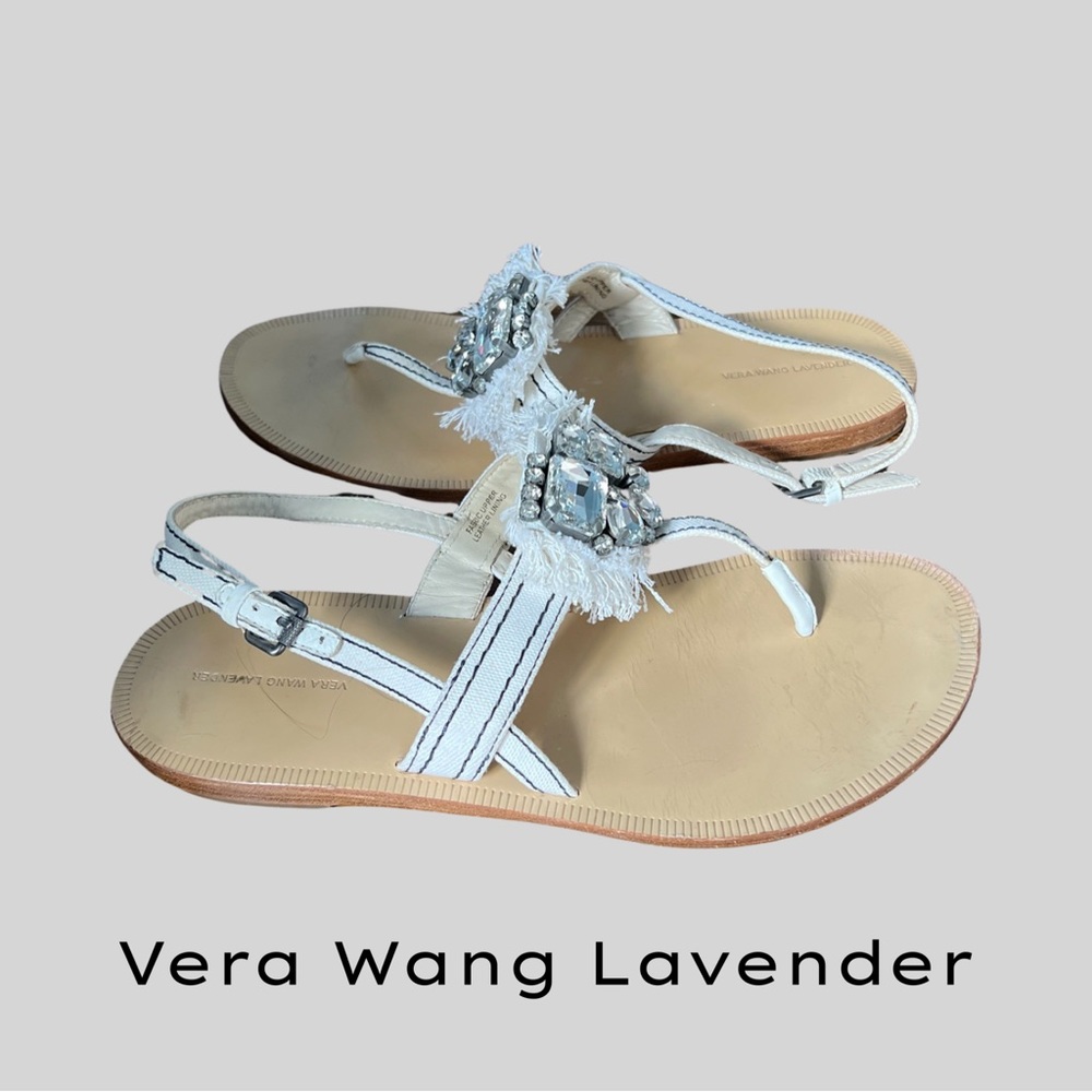 VERA WANG LAVENDER WHITE CANVAS JEWELED THONG SANDALS - SIZE 8